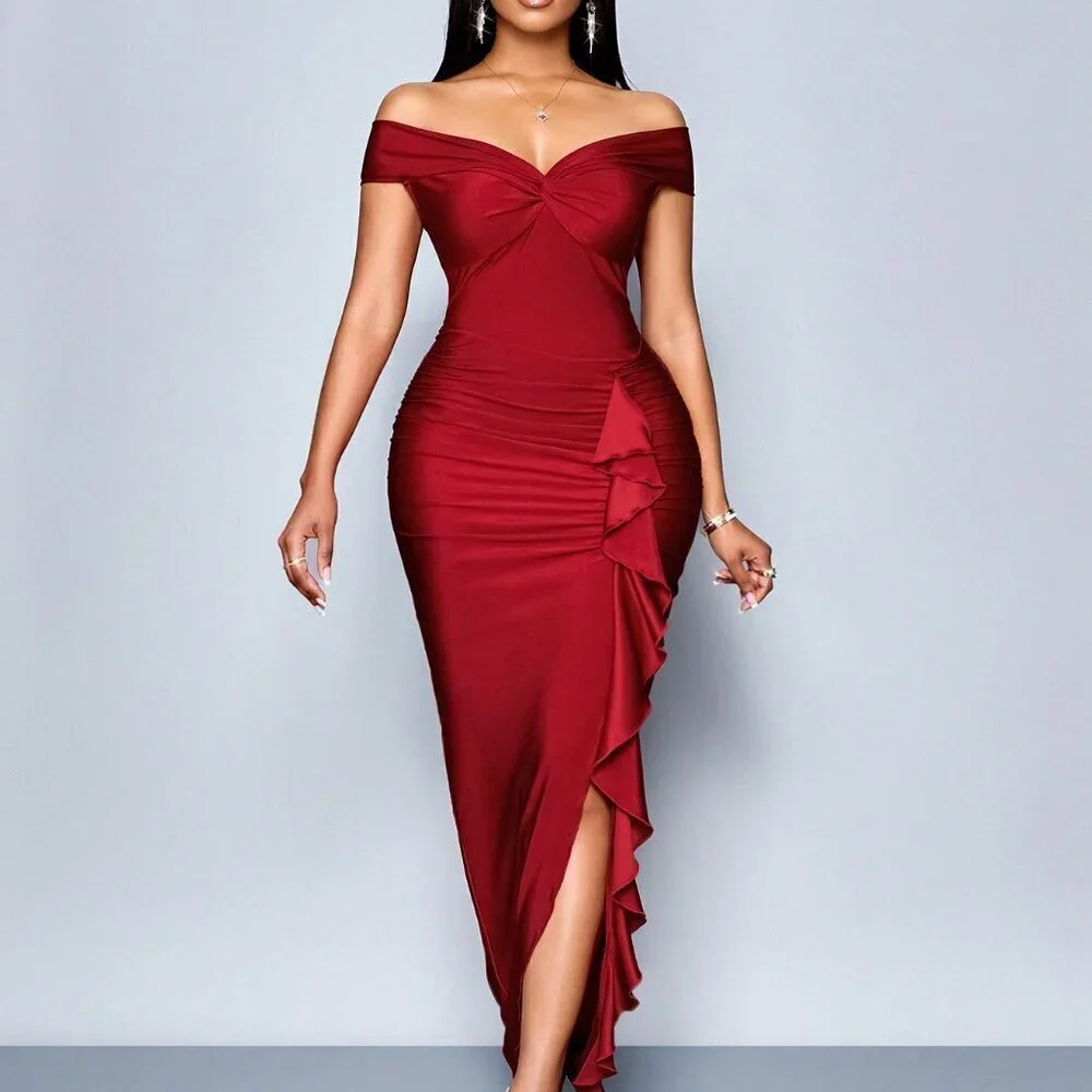 Red Elegant Women's Party Off-Shoulder Short Sleeves Center Front Maxi Dress - Picture 6 of 6